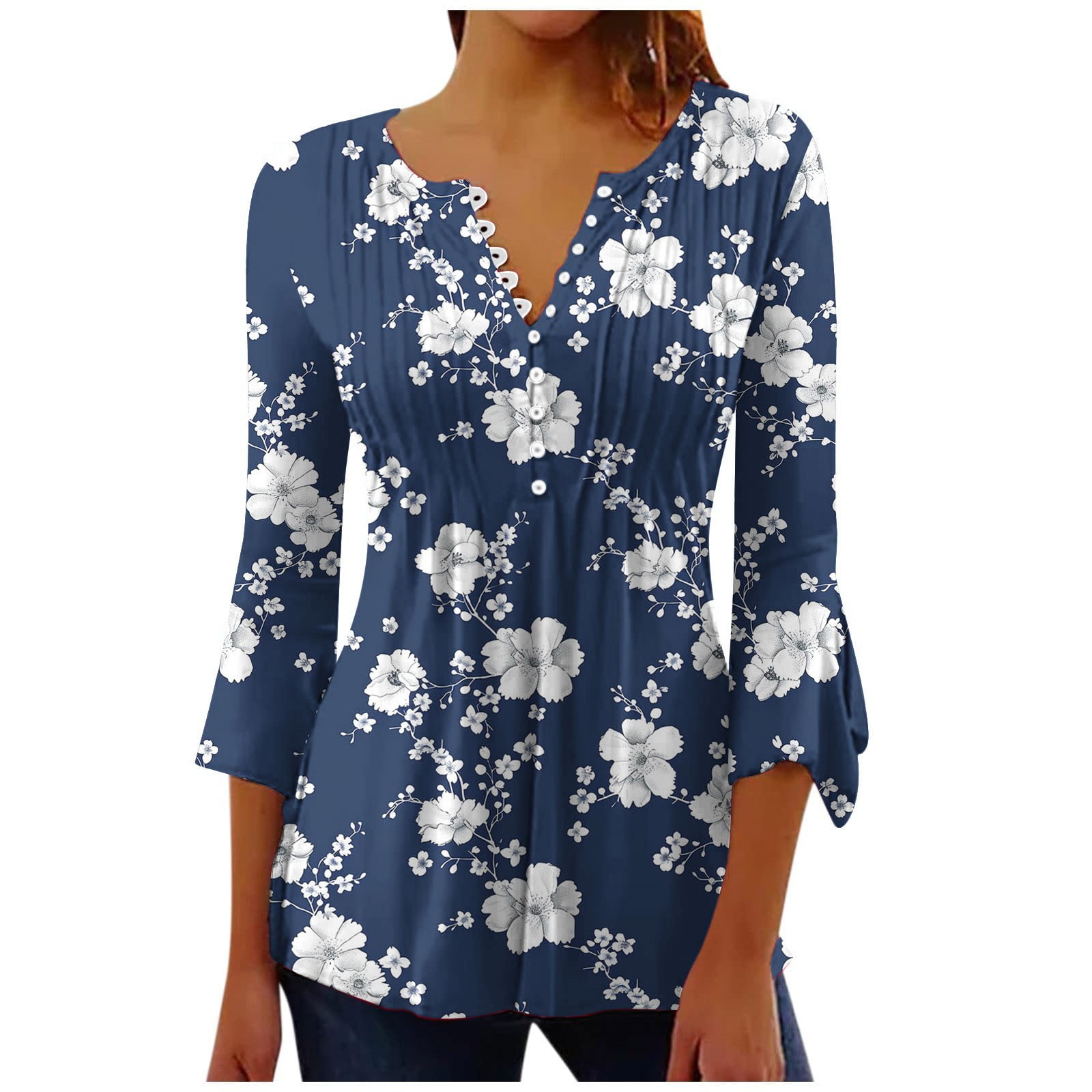 POL Button Down Floral V-Neck Long Sleeve Raw Hem Top main image 0