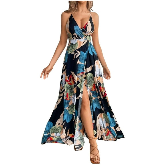 Ruimatai Women's Floral Slip Dress Casual Summer Beach Party Dress with Split Hem Sleeveless Flowy Vacation Sundress