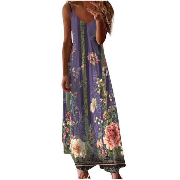 Ruimatai Women's Flowy V-Neck Printed Maxi Dress Sleeveless Summer Casual Beach Sundress for Travel Party Plus Size