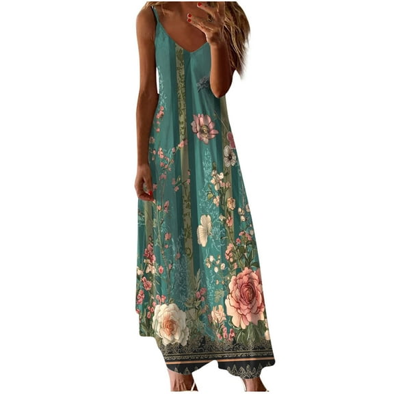 Ruimatai Women's Flowy V-Neck Printed Maxi Dress Sleeveless Summer Casual Beach Sundress for Travel Party Plus Size