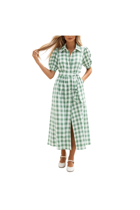 Women's Gingham Check Collared Puff Sleeve Belted Button Down Midi Shirt Dresses for Women Summer Casual & Office Wear