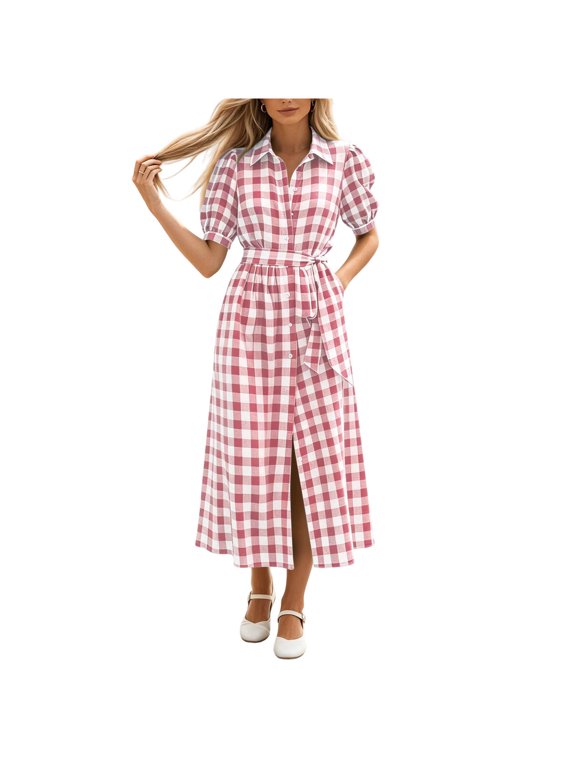 Women's Gingham Check Collared Puff Sleeve Belted Button Down Midi Shirt Dresses for Women Summer Casual & Office Wear