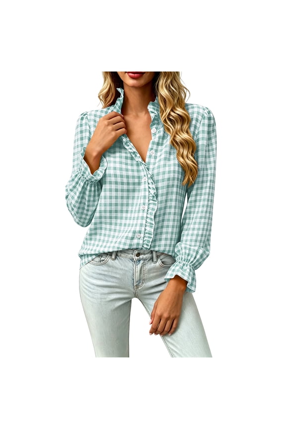 Women's Gingham Print Shirts Ruffle Collar Flounce Cuff Loose Button Long Sleeve Blouses for Spring Summer Vacation Daily Wear