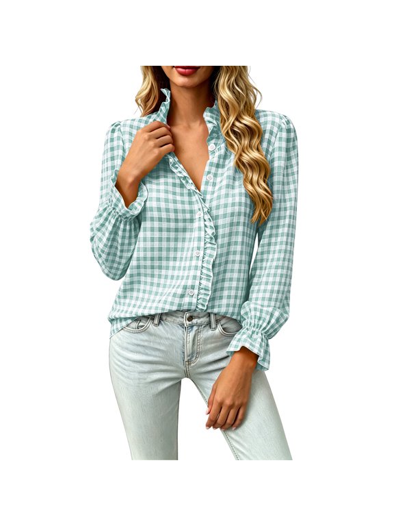 Women's Gingham Print Shirts Ruffle Collar Flounce Cuff Loose Button Long Sleeve Blouses for Spring Summer Vacation Daily Wear