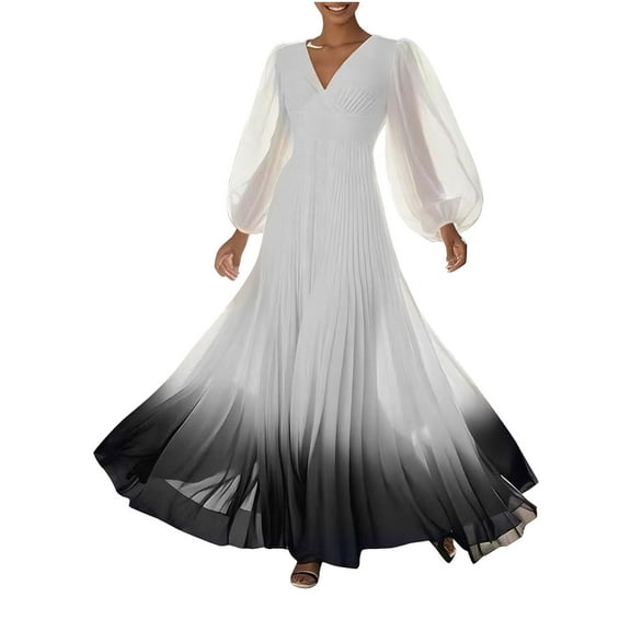 Ruimatai Women's Gradient V-Neck Pleated Long Sleeve Dress Elegant Formal Party Gown with Pockets