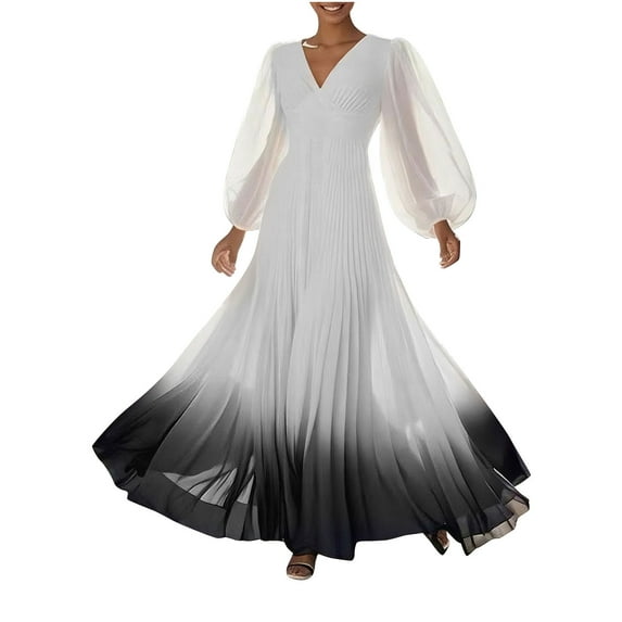 Ruimatai Women's Gradient V-Neck Pleated Long Sleeve Dress Elegant Formal Party Gown with Pockets