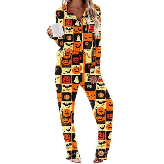 Ruimatai Women's Halloween Print Pajama Set with Pockets, Soft Comfy Long Sleeve Sleepwear, Floral Casual Loungewear, Black Cotton