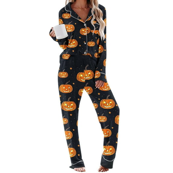 Ruimatai Women's Halloween Print Pajama Set with Pockets, Soft Comfy Long Sleeve Sleepwear, Floral Casual Loungewear, Black Cotton