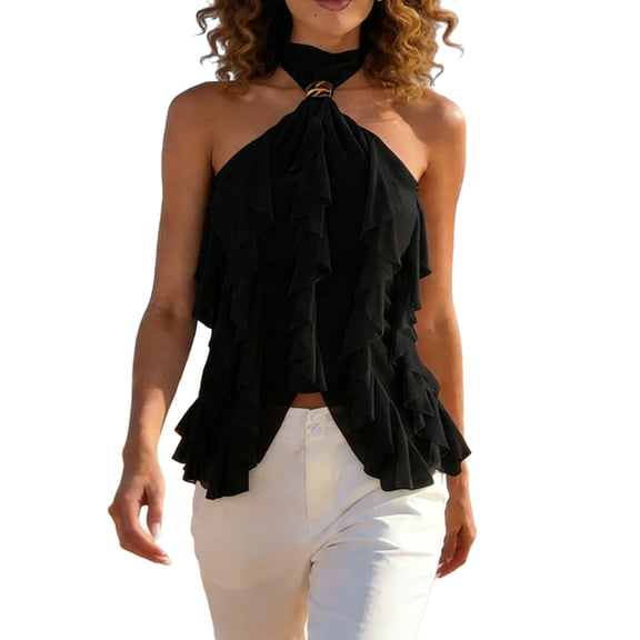 Ruimatai Women's Halter Neck Top Bohemian Ruffle Sheer Mesh Blouse Elegant Layered Design Sleeveless Chic Summer Tunic