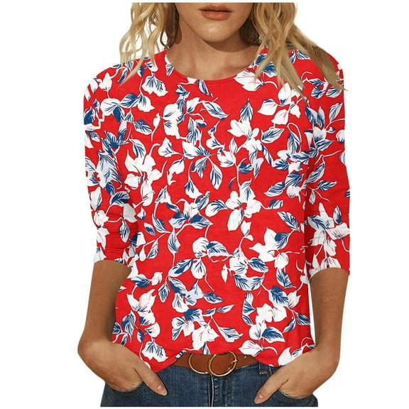 Ruimatai Women's Hawaiian Print Blouse 3/4 Sleeve Round Neck Casual Top Lightweight Comfortable Fashion T-Shirt for Home Daily Wear