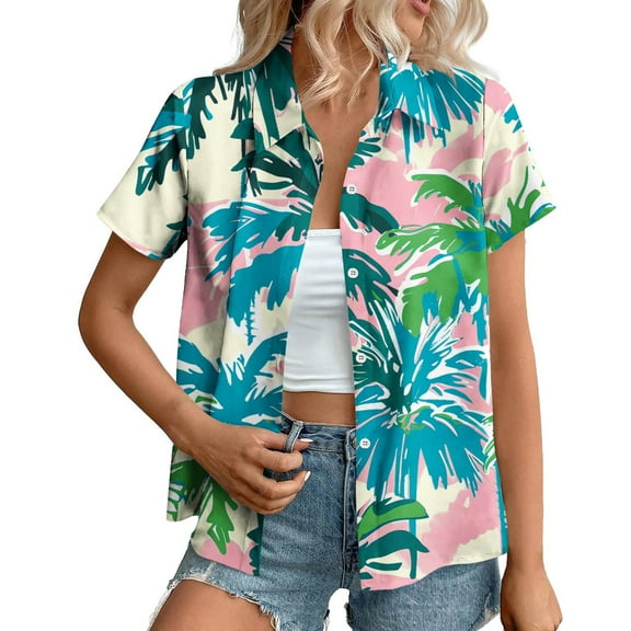 Ruimatai Women's Hawaiian Shirt Short Sleeve Casual Button Up Blouse Floral Print Beach Top Lightweight Comfortable Summer Shirt