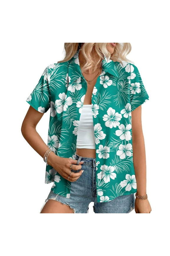 Women's Hawaiian Shirt Short Sleeve Casual Button Up Blouse Floral Print Beach Vacation Top Lightweight Comfortable Summer Shirt