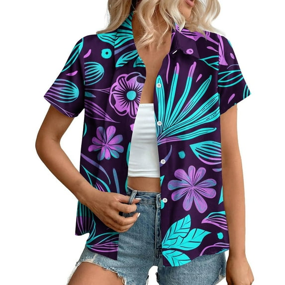Ruimatai Women's Hawaiian Shirt Short Sleeve Casual Button Up Top Floral Print Lapel Summer Beach Blouse