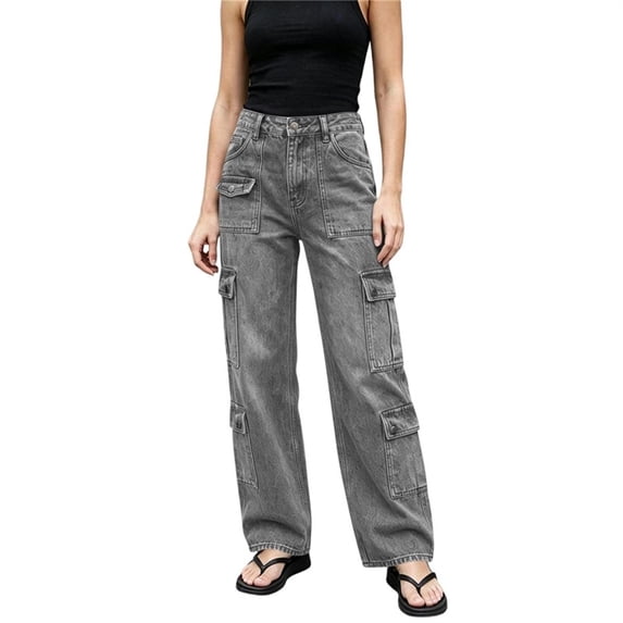 Ruimatai Women's High Waist Cargo Wide Leg Jeans Button Pocket Loose Full Length Vintage Denim Trousers