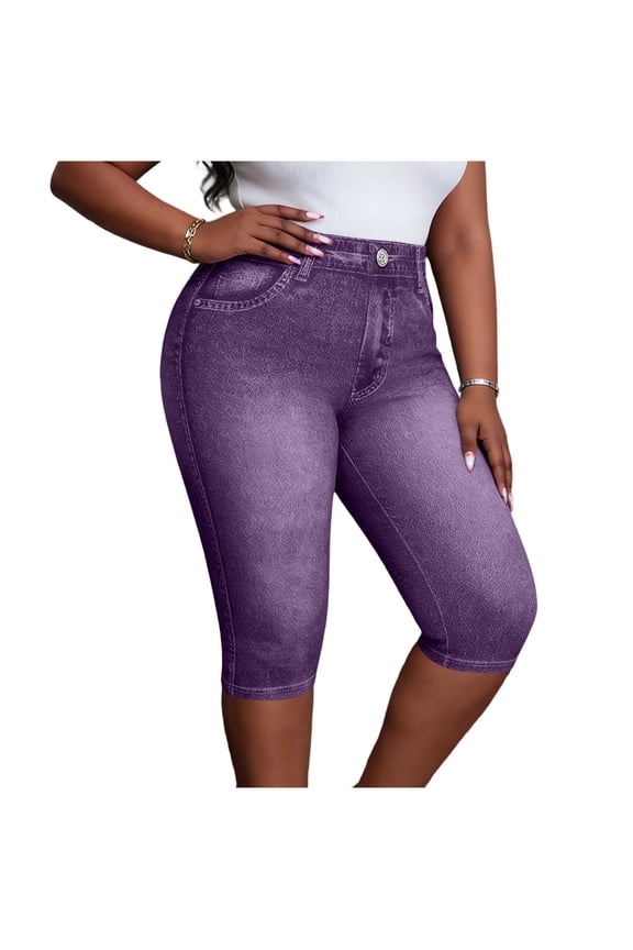 Women's High Waist Denim Look Knee Length Stretchy Casual Pants for Daily & Summer Wear