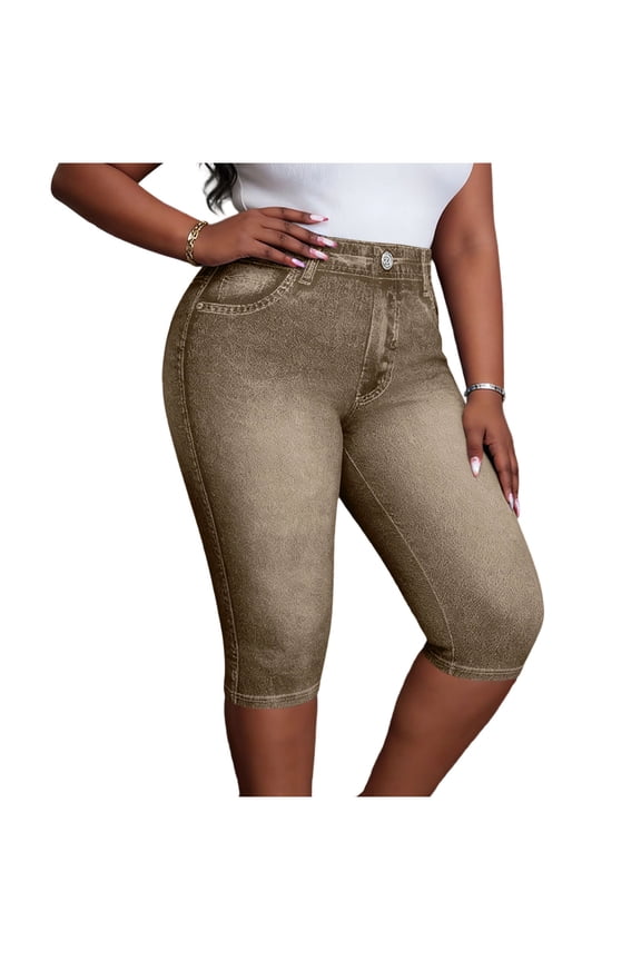 Women's High Waist Denim Look Knee Length Stretchy Casual Pants for Daily & Summer Wear
