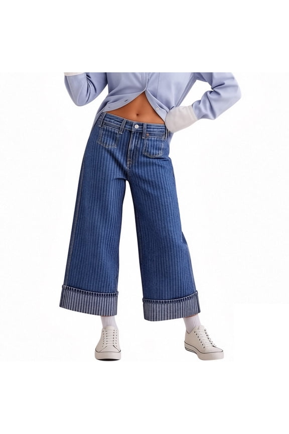 Women's High Waist Striped Wide Leg Jeans Cuffed Hem Cropped Loose Ankle Length Casual Denim Trousers