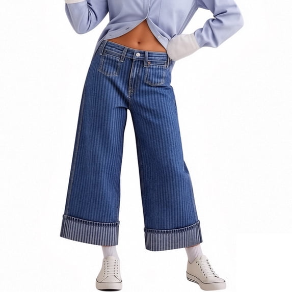 Ruimatai Women's High Waist Striped Wide Leg Jeans Cuffed Hem Cropped Loose Ankle Length Casual Denim Trousers
