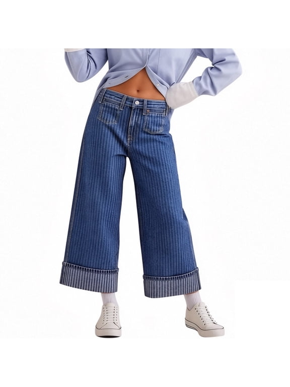 Women's High Waist Striped Wide Leg Jeans Cuffed Hem Cropped Loose Ankle Length Casual Denim Trousers