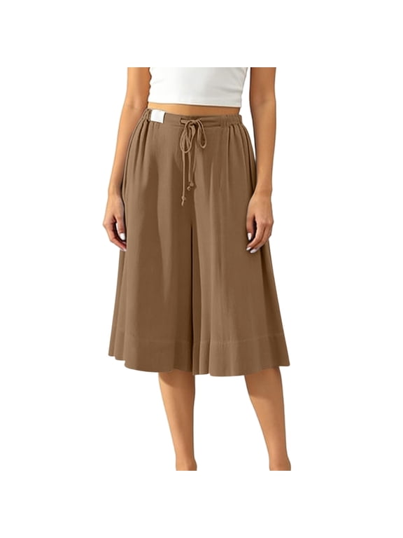 Women's High Waist Wide Leg Culottes Drawstring Casual Trousers for Summer Beach Daily Wear