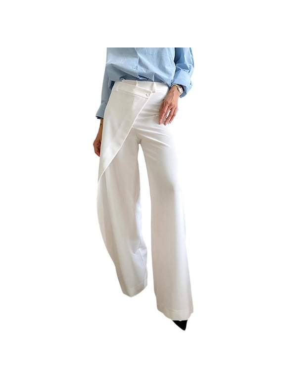 Women's High Waist Wrap Wide Leg Pants Button Cross Front Loose Full Length Business Casual Trousers