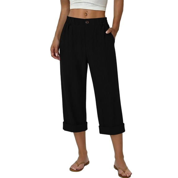Ruimatai Women's High Waisted Button‑Accent Elastic Wide Leg Roll‑Up Cuff Cropped Capri Pants with Side Pockets for Casual Daily Summer Wear