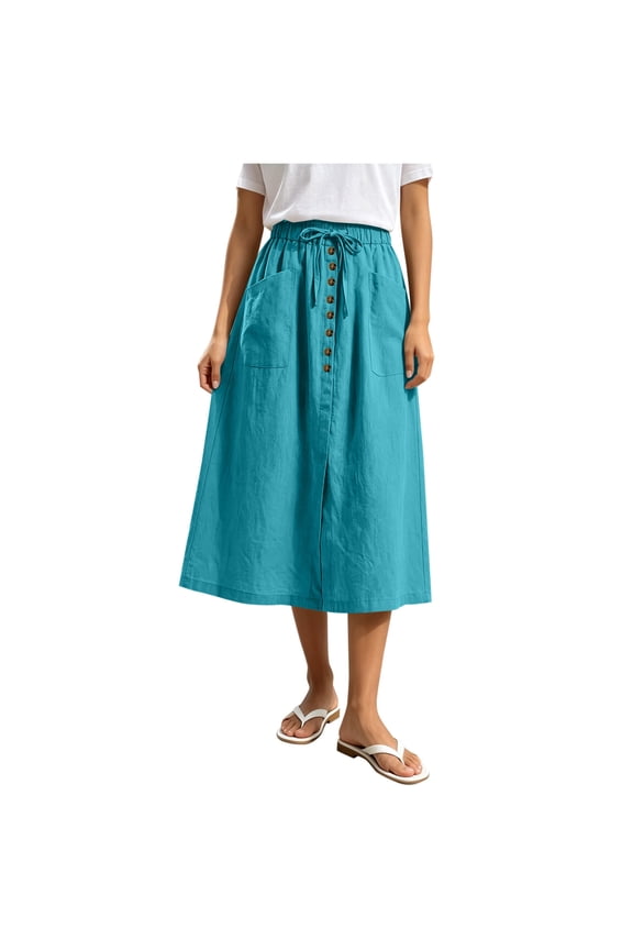 Women's High Waisted Drawstring Button‑Front Slit Pocket Midi Skirt Loose Linen‑Look Long Skirt for Boho Casual Spring Summer Vacation Daily Commuter Wear