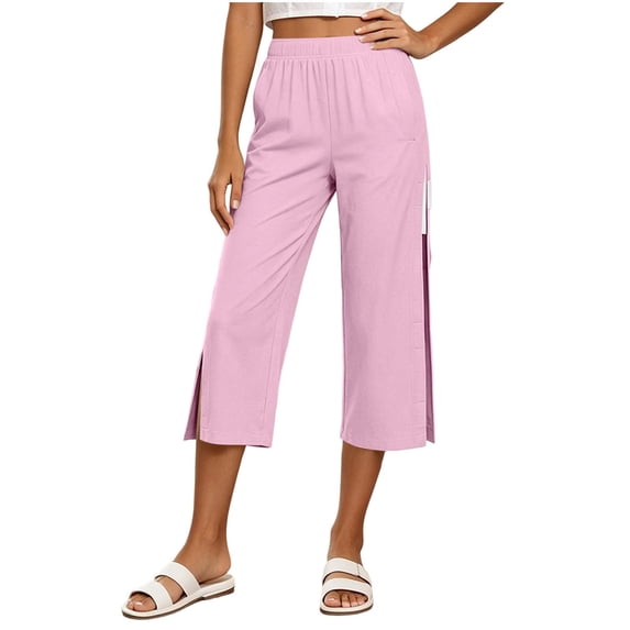 Ruimatai Women's High Waisted Elastic Side‑Open Wide Leg Cropped Capri Pants with Pockets for Post‑Surgery Recovery Casual Daily Summer Wear