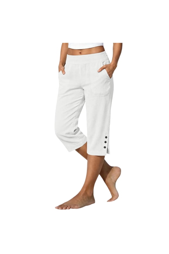 Women's High Waisted Elastic Straight Leg Split Hem Cropped Capri Pants with Button Detail & Side Pockets for Summer Vacation Casual Daily Wear
