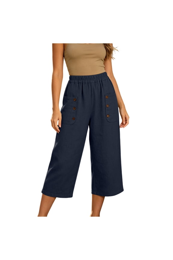 Women's High Waisted Elastic Wide Leg Cropped Capri Pants with Button Decorated Patch Pockets for Summer Casual Daily Vacation Wear