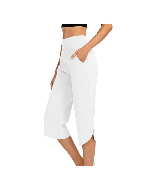 Women's High Waisted Elastic Wide Leg Split Hem Cropped Capri Pants with Side Pockets for Yoga Casual Daily Summer Athleisure Wear