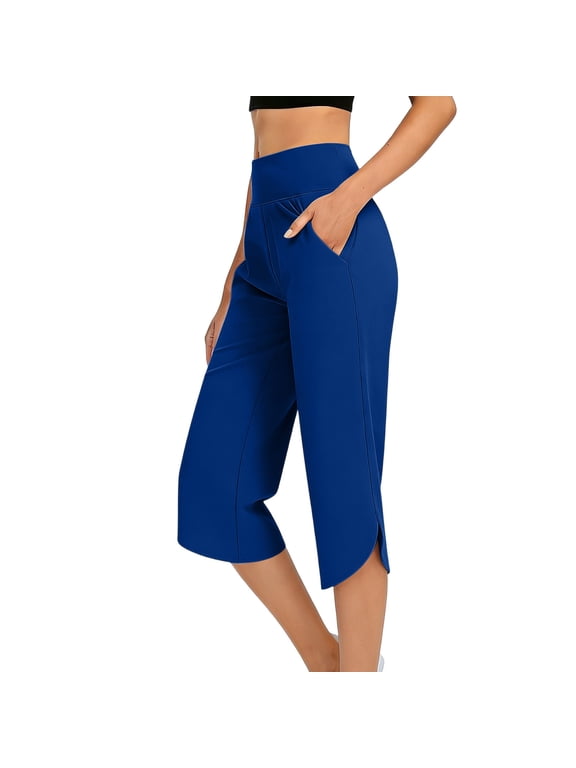Women's High Waisted Elastic Wide Leg Split Hem Cropped Capri Pants with Side Pockets for Yoga Casual Daily Summer Athleisure Wear