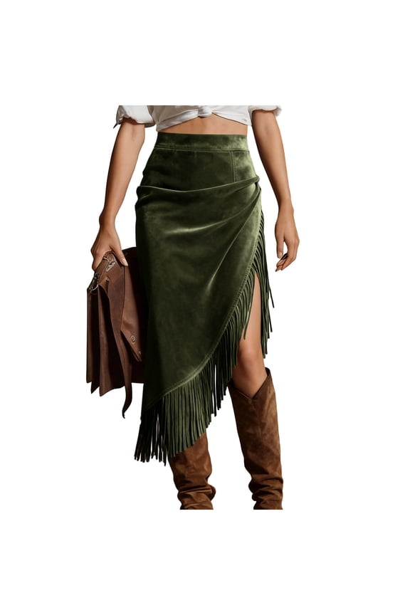 Women's High Waisted Fringe Midi Skirt Ruched Wrap Slit Asymmetrical Slim Skirt for Western Cowboy Casual Festival Wear