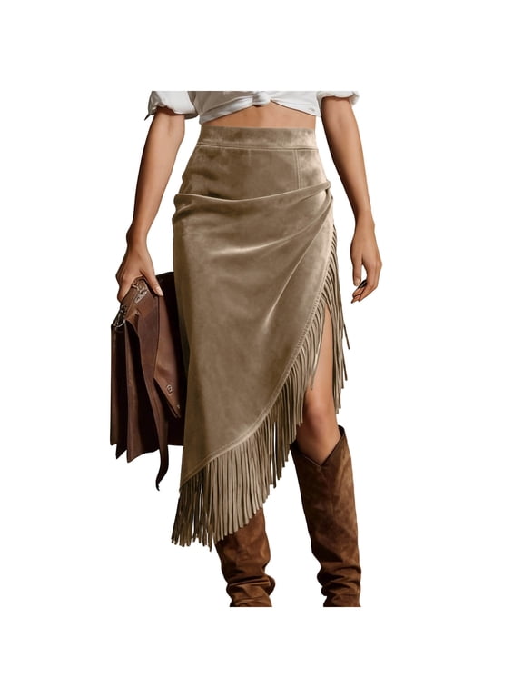 Women's High Waisted Fringe Midi Skirt Ruched Wrap Slit Asymmetrical Slim Skirt for Western Cowboy Casual Festival Wear