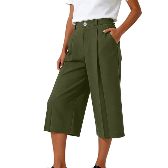 Ruimatai Women's High Waisted Pleated Wide Leg Button Fly Cropped Capri Pants with Side Pockets for Office Casual Daily Summer Wear