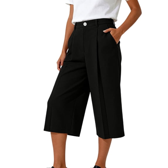Ruimatai Women's High Waisted Pleated Wide Leg Button Fly Cropped Capri Pants with Side Pockets for Office Casual Daily Summer Wear
