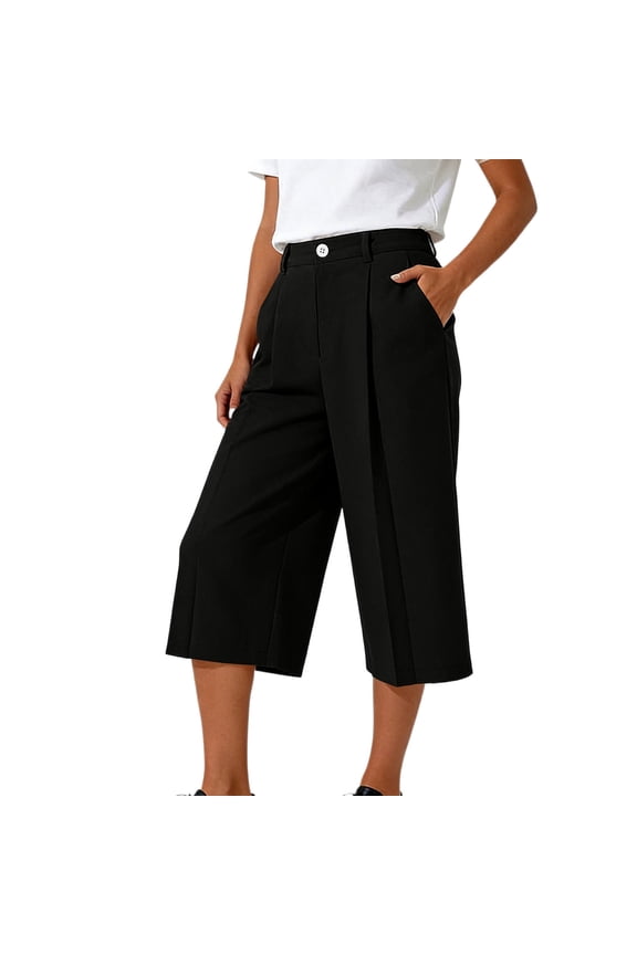 Women's High Waisted Pleated Wide Leg Button Fly Cropped Capri Pants with Side Pockets for Office Casual Daily Summer Wear