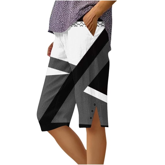 Ruimatai Women's High Waisted Printed Capri Pants Elastic Waist Side Slit Button Detail Cropped Pants with Pockets for Summer Daily Wear