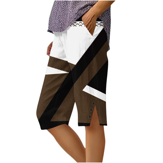 Ruimatai Women's High Waisted Printed Capri Pants Elastic Waist Side Slit Button Detail Cropped Pants with Pockets for Summer Daily Wear