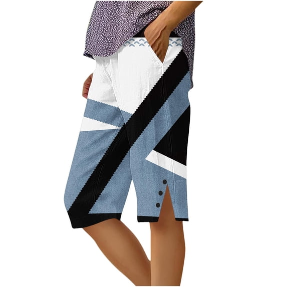 Ruimatai Women's High Waisted Printed Capri Pants Elastic Waist Side Slit Button Detail Cropped Pants with Pockets for Summer Daily Wear