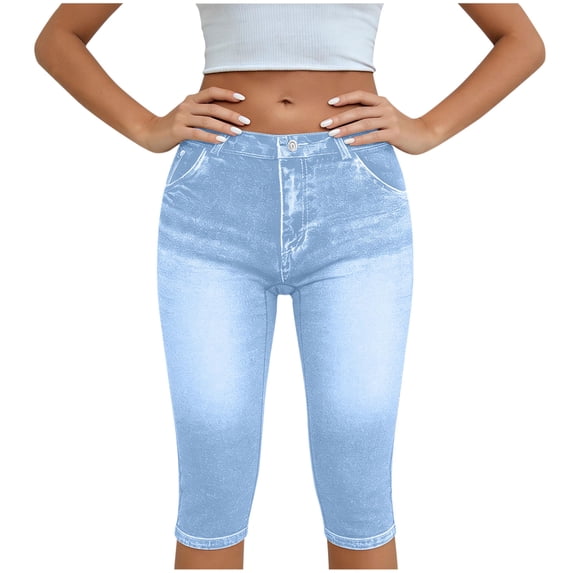 Ruimatai Women's High Waisted Printed Denim‑Look Slim Fit Cropped Capri Leggings with Faux Pockets for Yoga Casual Daily Summer Wear
