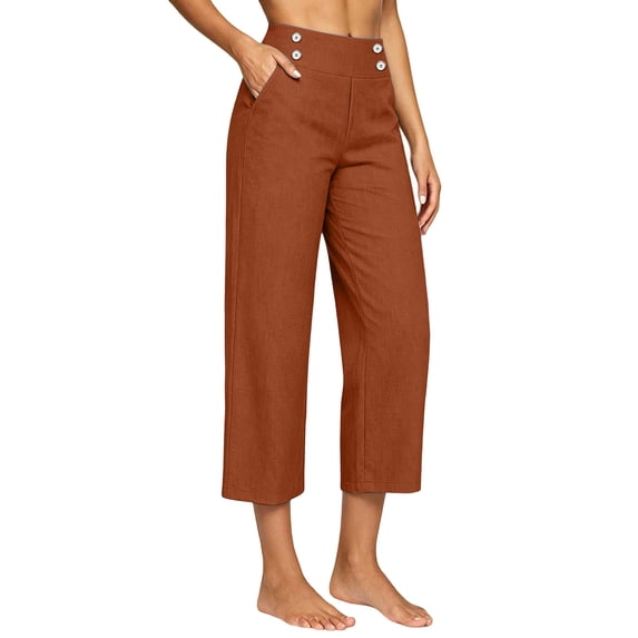 Ruimatai Women's High Waisted Relaxed Fit Button Detail Cropped Capri Pants with Side Pockets for Casual Summer Daily Vacation Wear