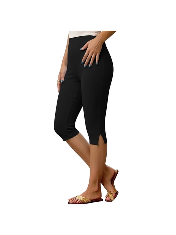 Women's High Waisted Slim Fit Split Hem Cropped Capri Leggings for Yoga Casual Daily Summer Wear