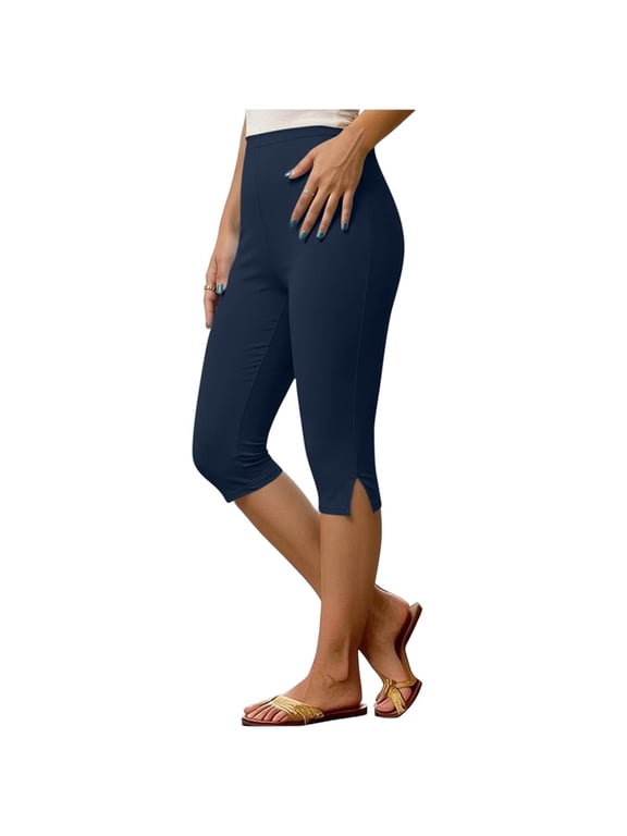 Women's High Waisted Slim Fit Split Hem Cropped Capri Leggings for Yoga Casual Daily Summer Wear