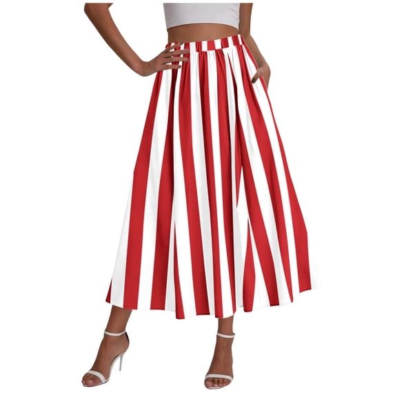 Ruimatai Women's High Waisted Striped Midi Skirt Elastic Waist Pocket Flowy A‑Line Skirt for Bohemian Beach Vacation Summer Wear