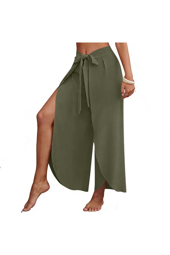 Women's High Waisted Tie Knot Wrap Wide Leg Pants with Slit for Beach Summer Casual Wear