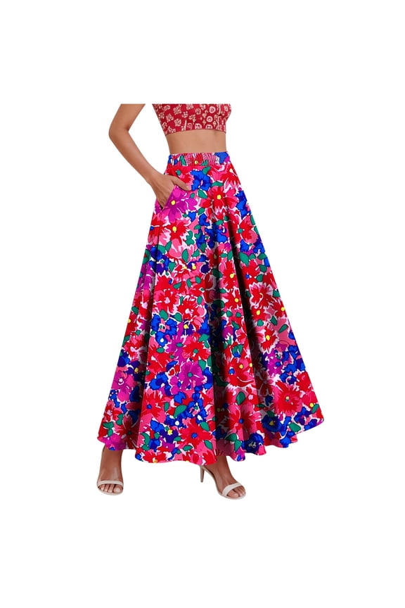 Women's High Waisted Tropical Floral Maxi Skirt Elastic Pocket Flared A‑Line Skirt for Boho Casual Summer Vacation Daily Wear