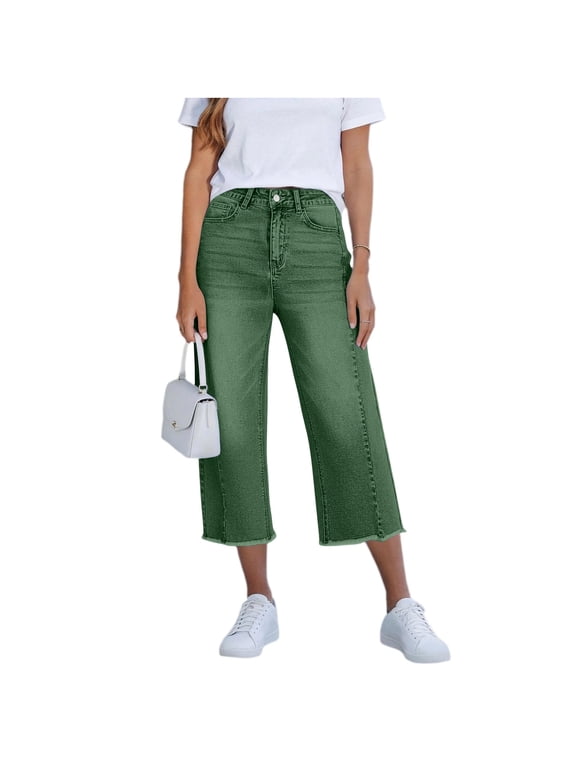 Women's High Waisted Wide Leg Cropped Denim Capri Pants with Button Fly & Back Pockets for Casual Streetwear Daily Summer Wear