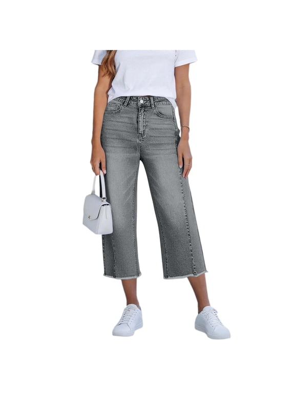 Women's High Waisted Wide Leg Cropped Denim Capri Pants with Button Fly & Back Pockets for Casual Streetwear Daily Summer Wear