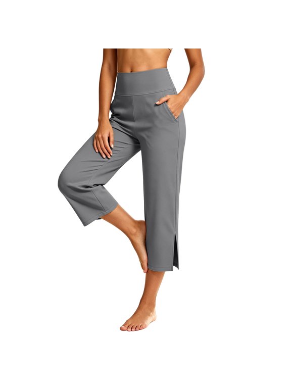 Women's High Waisted Wide Leg Split Hem Cropped Capri Pants with Side Pockets for Yoga Workout Casual Daily Summer Wear